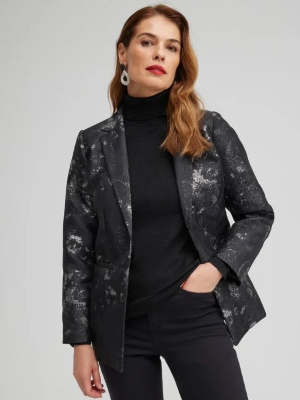 NWT Chico's Size 1.5 Womens 10 Black Silver Metallic Jacquard Blazer Jacket NEW